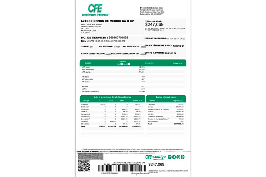 Debe pagar AHMSA 247 mil pesos a CFE en enero